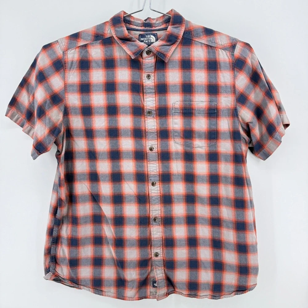 The North Face Button Down Shirt Mens XL Orange Blue Plaid Cotton Short Sleeve